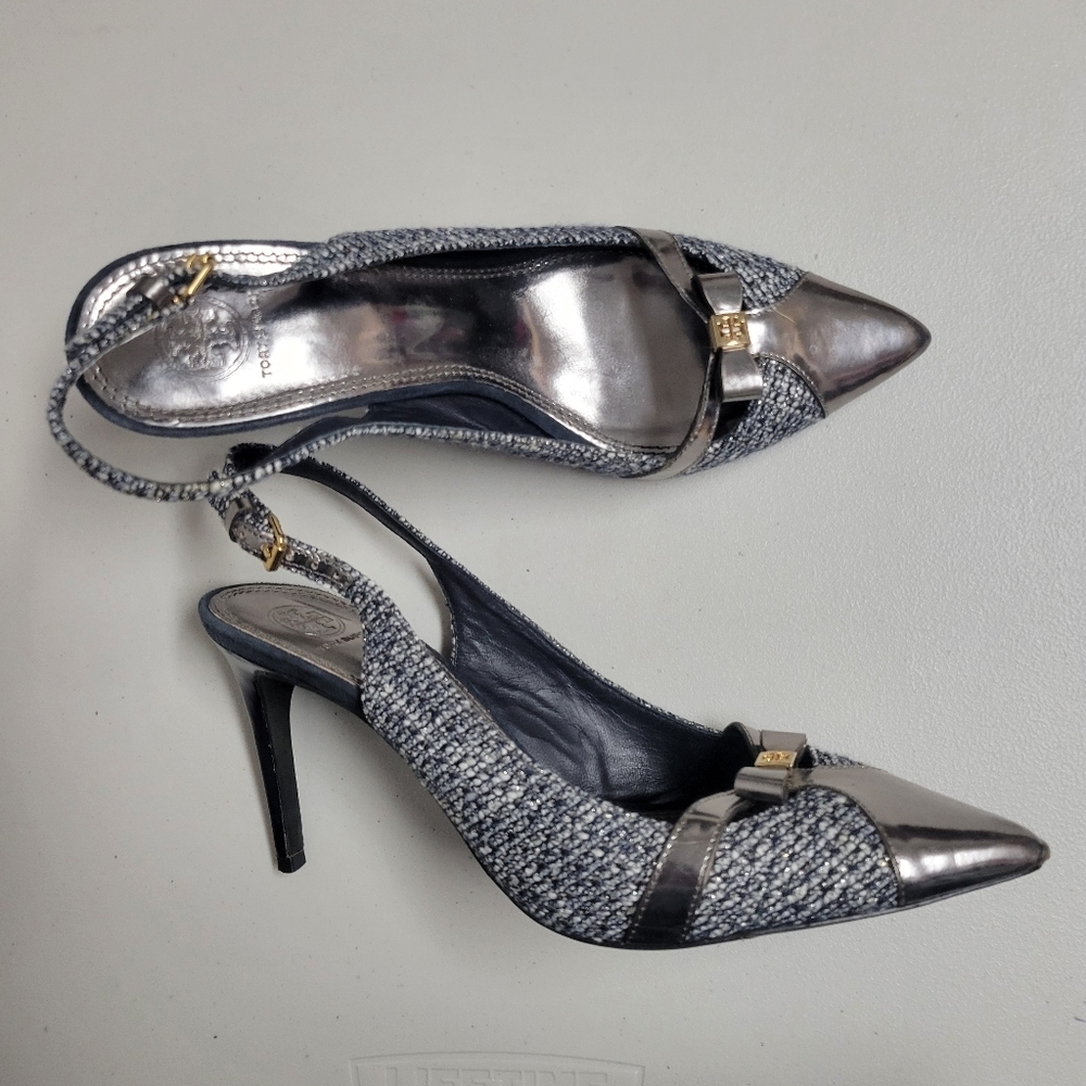 Tory Burch Tweed Metallic Bow Detail Pointy Toe Sling Back Heels. - Picture 3 of 16